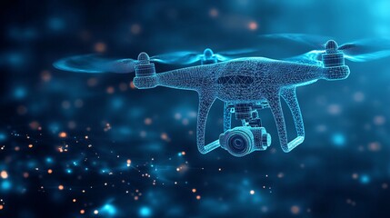 Abstract representation of a drone with an action camera, created using lines and dots in a low-poly design, set against a dark blue, digital backdrop.