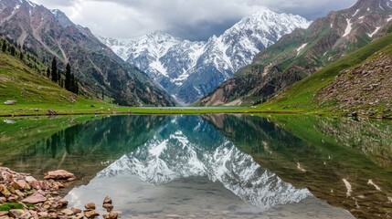 Serene mountain lake reflecting snow-capped peaks, cloudy sky