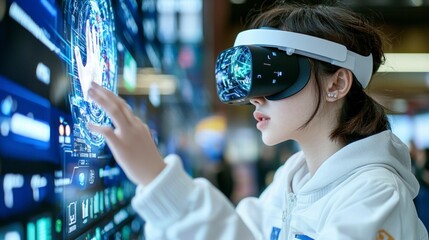 Woman using VR headset  interacting with holographic interface  futuristic technology
