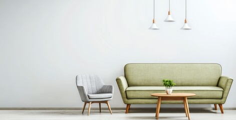 Modern Living Room Interior with Olive Green Sofa and Gray Armchair