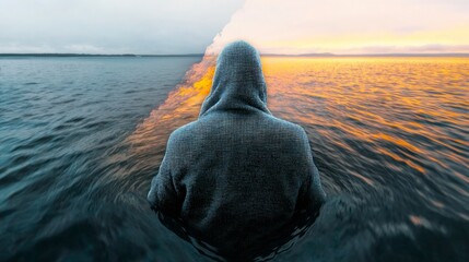 Fototapeta premium Mysterious Figure in Double Exposure Seascape AI Art Contemplation Ocean Sunset Hoode