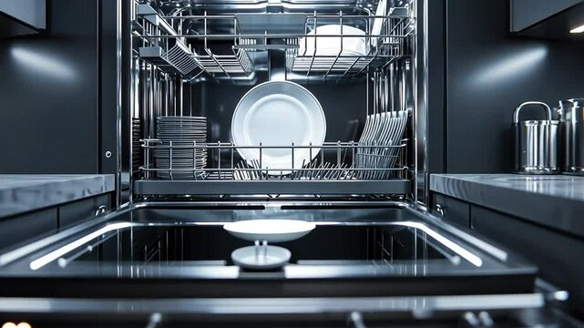 Modern kitchen with an open dishwasher showcasing clean dishes