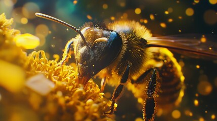 Close up of a vibrant bee collecting nectar. Natures diligent worker