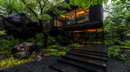 Modern black house, lush garden, rain, serene ambiance, architectural design