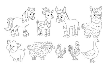 Fototapeta premium Line art illustrations of farm animals. Set cartoon domestic pets. Black and white cow, pig, horse, sheep, chicken, goose. Coloring page.