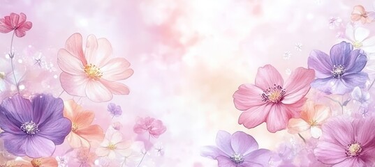 Fototapeta premium Watercolor Flower Background, Gentle Pastel Floral Illustration With Wildflowers, Hand Drawn