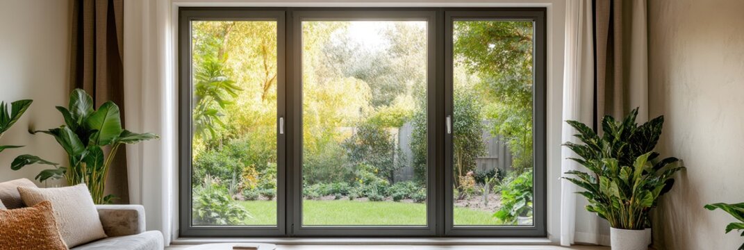 Large window showcases lush green garden view from living room