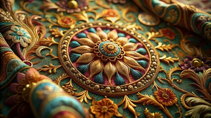 Fototapeta premium Intricate Embroidered Textile Pattern, Ornate Detail, High-Resolution Stock Photo