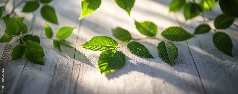 Wall mural Sunlight on green leaves, wood background, spring