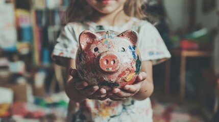 Obraz premium Financial education concept depicted in a close-up of an adult and child holding a piggy bank, symbolizing the importance of money savings