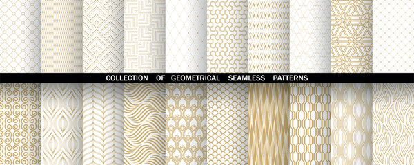 Geometric set of seamless golden and white patterns. Simple vector graphics
