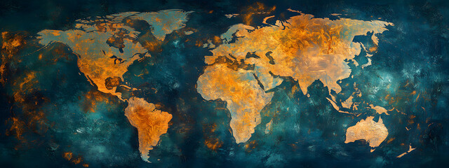 A map of the world, with an ocean between continents and land, is depicted on blue paper
