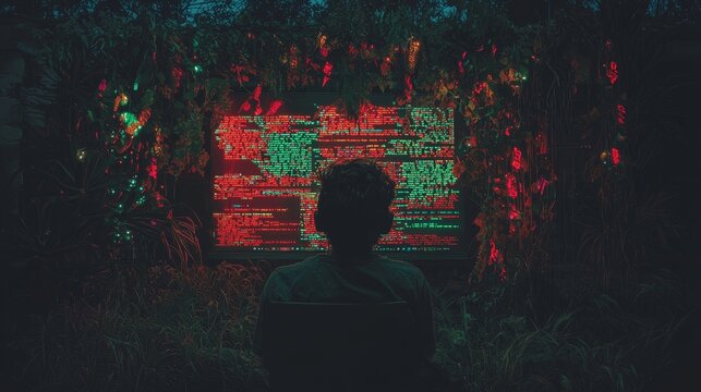 A cyber security analyst navigating data analytics, amidst a sea of digital streams and code symbols