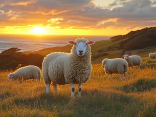 Fototapeta premium Serene Hillside with Grazing Sheep at Sunset