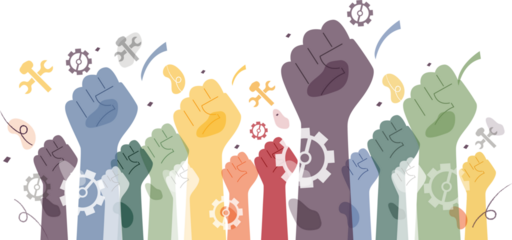 Hands raised up into fists. Labor Day concept.