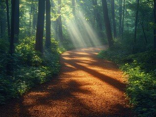 Obraz premium Sunlit Pathway Through a Lush Forest