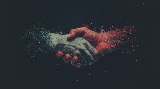 An illustration features a handshake with blockchain imagery, emphasizing the technology’s reliability and reassurance