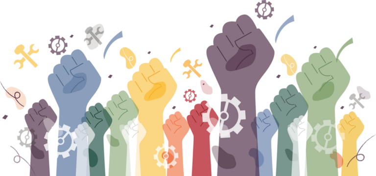 Hands raised up into fists. Labor Day concept. - Powered by Adobe