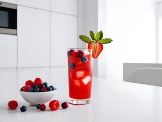 Fresh fruit juice with berries , in modern style kitchen