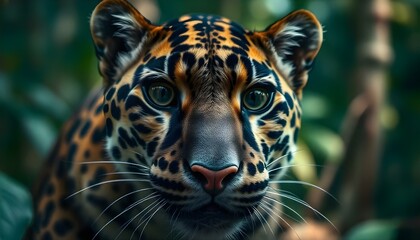Obraz premium Close up portrait of a female clouded leopard in the rainforest with intense expression