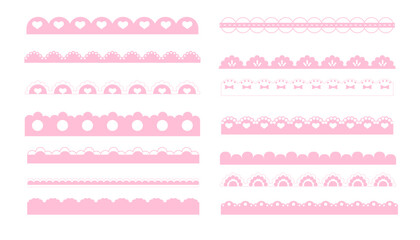 Scalloped pink border simple cute divider with heart and dots ornament edge cutout decoration isolated on white background. 