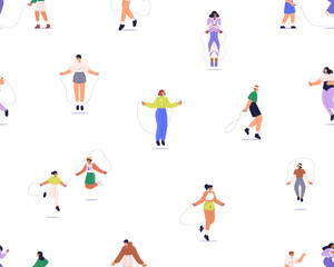 Seamless pattern, characters exercising, jumping with skipping rope. Active healthy people, cardio sports workout, endless background for fabric, textile, wrapping design. Flat vector illustration