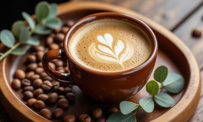 Delicious latte art in brown cup