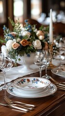 A beautifully arranged dining table features exquisite fine china, sparkling glassware, rich linens, and a stunning floral centerpiece, perfect for an upscale meal experience