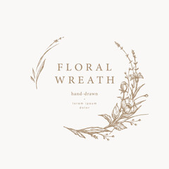 Floral frame. Hand drawn vintage botanical flower wreath. Elegant logo template. Vector illustration for labels, corporate identity, wedding invitation, monogram, floral emblem