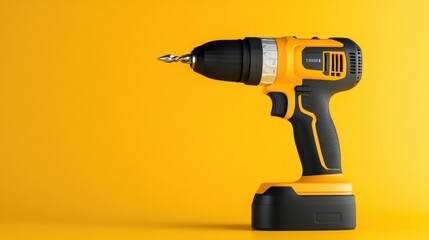 Yellow cordless drill on a vibrant yellow background showcasing modern power tools and home improvement equipment
