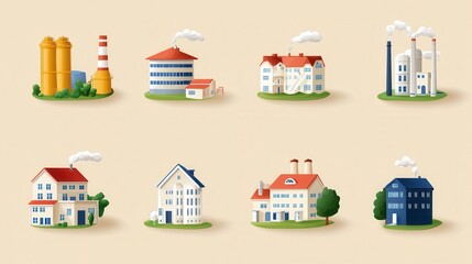 Isometric Illustrations of Industrial and Residential Buildings