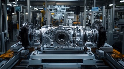 Obraz premium High-tech machines operate in a car manufacturing plant, efficiently assembling engine and transmission components for vehicles under bright lights