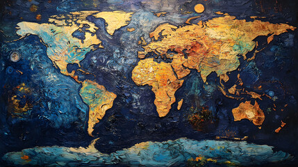 A map of the world, with an ocean between continents and land, is depicted on blue paper
