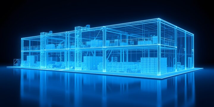 Glowing Blueprints: A futuristic warehouse design, shimmering with digital elegance and technological prowess.  A vision of efficient storage.