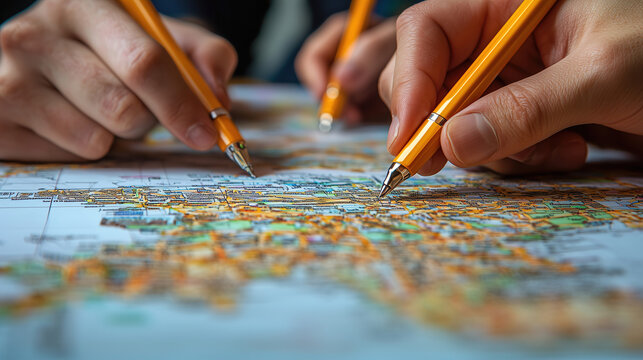 Friends planning a road trip using a detailed map and pens in a cozy indoor setting during the evening hours. Generative AI