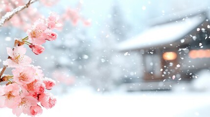 Naklejka premium Snow Falling on Pink Cherry Blossoms Winter Wonderland Scene