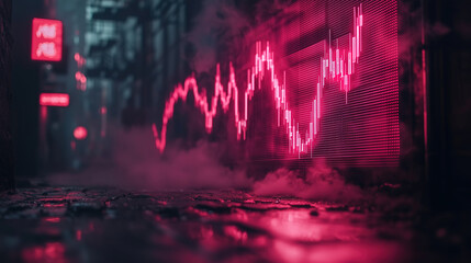 Fototapeta premium Digital stock market display in an urban alley at night with vibrant pink lighting and reflective surfaces. Generative AI