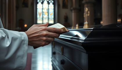 Naklejka premium Unrecognizable priests wrinkled hand holding holy book and touching black coffin in church, smooth light. with white shades