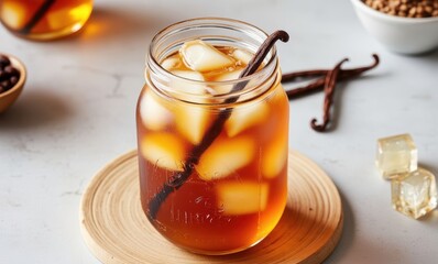 Refreshing iced vanilla drink in jar
