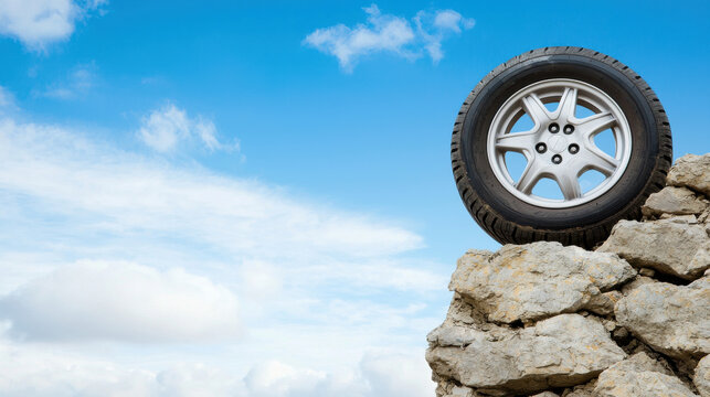Cool and Masculine Tire, tire resting on rocky cliff against blue sky symbolizes resilience and strength