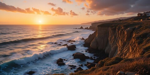 Obraz premium Coastal Sunset Cliffs Waves Ocean House