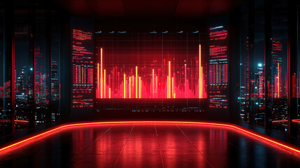 Visual representation of data analytics in a futuristic setting with neon lights and city skyline at night. Generative AI