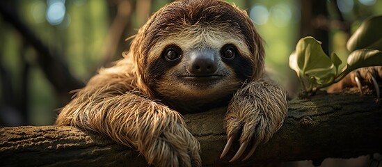 Fototapeta premium Cute Sloth Relaxing on a Branch Surrounded by Lush Greenery