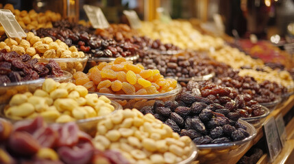 Dried fruits, nuts and cereals rich of vitamins and minerals vector design. Health benefits and nutrition facts of date, fig and prune, apricot, banana and pineapple, wheat, peanut, hazelnut and corn