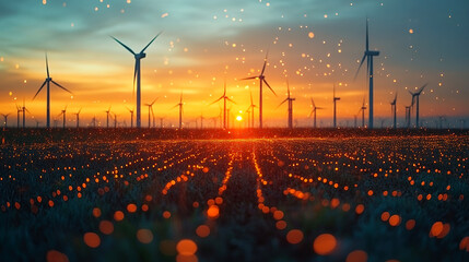 Wind Farm with High Tech Transmission of renewable energy sources Sparkling Field, A breathtaking landscape at sunrise featuring a wind farm, set against a vibrant orange and blue sky.