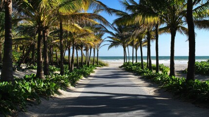Palm-lined beach walkway to ocean