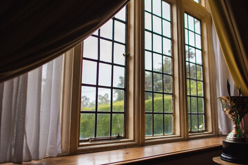 Vintage wooden windows, classical restaurant.