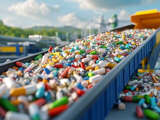 Obraz premium Multicolored Pills and Capsules on Conveyor Belt