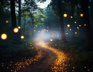 Documenting the Ethereal Glow of Fireflies Illuminating a Dark Forest Path with Mist Rising from the Ground