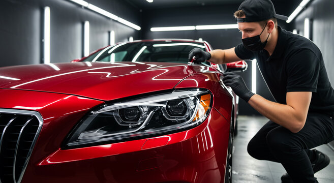 Car detailing and professional polishing red luxury vehicle, automotive service and paint protection. Workshop, maintenance and coating application for showroom finish, premium care